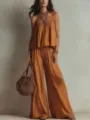 Boho camisole and wide leg pants set detail view, chic summer two piece outfit. - Caramel color