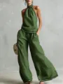 Conjunto verde de top halter sin mangas y pantalón ancho de mujer para verano y playa. - XS / Top y Pantalones / Verde