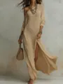 Detalle de vestido de punto manga larga, beige plisado abertura diseño, estilo de moda elegante. - S / Caqui