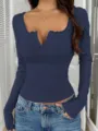Top de manga larga de canalé azul oscuro chic, con cuello en V de encaje y botones delanteros. - XS / Tops / Azul Marino