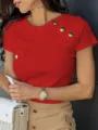 Top elegante rojo de mujer de manga corta de punto acanalado con botones dorados. - S / Tops / Rojo