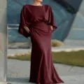 Burgundy Boat Neck Long Sleeve Evening Gown High Waist Ruched Fishtail Maxi Party Dress - Dark Red