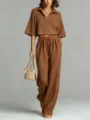 Conjunto de dos piezas de punto marrón, top corto con cuello polo y pantalón ancho de tiro alto. - S / Top y Pantalones / Marrón Oscuro