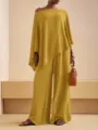 Conjunto elegante de mujer con top asimétrico sin tirantes y pantalones anchos largos. - S / Top y Pantalones / Dorado