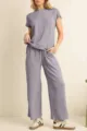 Conjunto casual de punto acanalado para mujer con top de manga corta y pantalón ancho de talle alto. - S / Gris