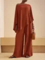 Stylish off-shoulder loose top and high-waist wide-leg pants rusty red two-piece suit - S / Top And Bottom / Tan