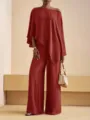 Rust Red Off Shoulder Asymmetric Top Wide Leg Pants Two Piece Set Women Elegant Outfit - S / Top And Bottom / Orange Red