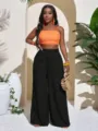Conjunto de verano para mujer con top corto sin tirantes naranja y pantalón ancho negro - XS / Bottoms / Negro