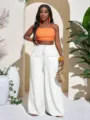 Top corto naranja y pantalón ancho texturizado blanco, pantalón casual de playa. - XS / Bottoms / Blanco