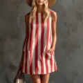 Red white striped sleeveless crew neck mini dress summer casual daily wear pocket design - Red White
