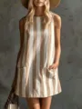 Vintage striped sleeveless crewneck linen mini dress with pockets, casual summer wear. - Khaki