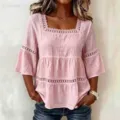Vista detallada del top de mezcla de lino para mujer con cuello cuadrado, encaje y manga 3/4. - S / Tops / Rosa