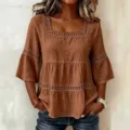 Mujer verano casual cuello cuadrado encaje mangas 3/4 lino elegante blusa marrón - S / Tops / Café