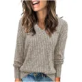 Pull-over tricoté côtelé col V à manches longues pour femme haut chemise gris casual. - S / Hauts / Kaki