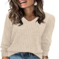 Top à manches longues et col en V côtelé pour femme pull uni décontracté coupe slim. - S / Hauts / Blanc Cassé