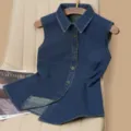 Casual sleeveless denim shirt waistcoat for women, stylish lapel single-breasted top. - S / Tops / Dark Blue Small Collar