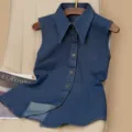 Dark Blue Denim Sleeveless Shirt Vest Casual Lapel Single Breasted Women Top Summer - S / Tops / Dark Blue Large Collar