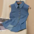 Blue denim sleeveless shirt vest for women, casual lapel button-down top variation display. - S / Tops / Light Blue Small Collar