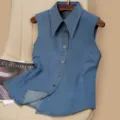 Women blue denim sleeveless shirt lapel single-breasted casual basic fashion vest top apparel - S / Tops / Light Blue Large Collar