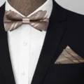 Elegante set di papillon e fazzoletto da taschino a righe marroni per abito formale - Marrone Oro Rigato Set (2176)