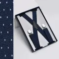 Bretelles Élastiques Bleu Marine à Pois en X pour Femme avec Boîte Cadeau Élégante - Bleu Foncé Pois (Forme en X)