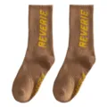 Men cotton crew socks brown athletic style with yellow knitted text comfortable daily wear - One Size / Coffee with Orange Letters
