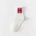 Men white mid-calf socks with red letter H embroidery casual cotton sports socks. - One Size / Letter H