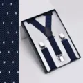 Women dark blue dot Y-back elastic suspenders with metal clips in gift box for fashion style - Dark Blue Polka Dot (Y-Shaped)