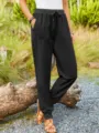Vista di dettaglio di pantaloni casual neri da donna in misto lino con vita elasticizzata. - Taglia S / Nero