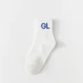 Men's white mid-tube cotton socks with blue GL letter embroidery for casual daily sports wear. - One Size / Letter GL