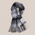 Classic black grey plaid wool scarf with elegant fringe design, warm and stylish winter accessory. - Gray Interweave