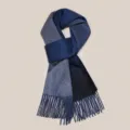 Two-tone blue wool winter scarf with elegant fringe, warm knitted cashmere feel accessory. - Blue Ocean Ripple