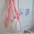 Pink mesh crossbody bag with stylish ruffled straps, casual drawstring design for women daily use. - Blue Checkered Pink Strap