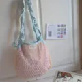 Spring summer new nylon grid single shoulder crossbody drawstring dopamine bag chic - Pink Checkered Blue Strap