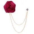 Elegant burgundy fabric rose brooch with gold double chains and rhinestone pin for men suit. - Burgundy