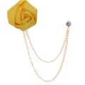 Yellow fabric rose brooch with double hanging chains and rhinestone pin for men suits. - Yellow