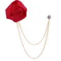 Red rose flower lapel pin with double gold tone chains for men suit wedding party accessory - Red
