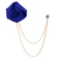 Blue satin rose lapel pin with double gold chain and rhinestone for men's suit wedding. - Blue