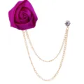 Purple satin rose lapel pin with double gold chains and crystal pin for men suit accessory. - Fuschia