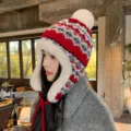 Winter knit plush earflap hat for women, thick warm beanie cap with pom-pom and braided ties. - Hat-026 Wine Red