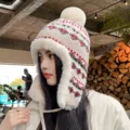 Thickened Plush Winter Knitted Earflap Hat Beige Nordic Pattern Pom Pom Warm Cap - Hat-027 Beige