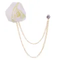 Elegant White Satin Rose Flower Brooch Pin Gold Double Chain Suit Lapel Pin Jewelry - Off White