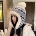 Thickened warm plush knit hat with earflaps and pom-pom for women winter cozy style - Hat-028 Grey