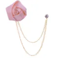Pink Fabric Rose Brooch Gold Tone Double Chain Lapel Pin Wedding Suit Dress Accessory - Pink