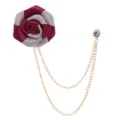 Men's red fabric rose brooch with gold double chains and crystal pin suit accessory. - Wine Red and Silver(A131)