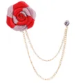 Red fabric rose lapel pin with double gold chains and rhinestone accent for men suit - Red and Silver(A132)