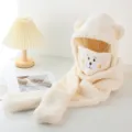 Cute plush bear hooded scarf winter warm thick one-piece hat and gloves set for women - Hat-031