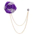 Men purple fabric rose flower brooch with double gold chain lapel pin suit accessory - Purple(A133)