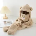 Cute plush bear ear hooded scarf winter warm thick three-in-one khaki hat gloves set - Hat-032