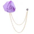 Purple fabric rose brooch with double gold metal chains and sparkling rhinestone pin for men suit - Purple